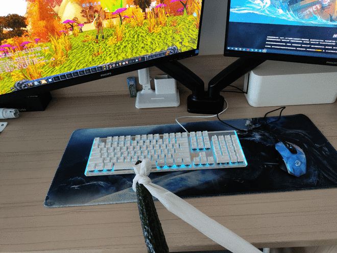 王进曾在转动的风扇上系上黄瓜，用于按压键盘的起跳键