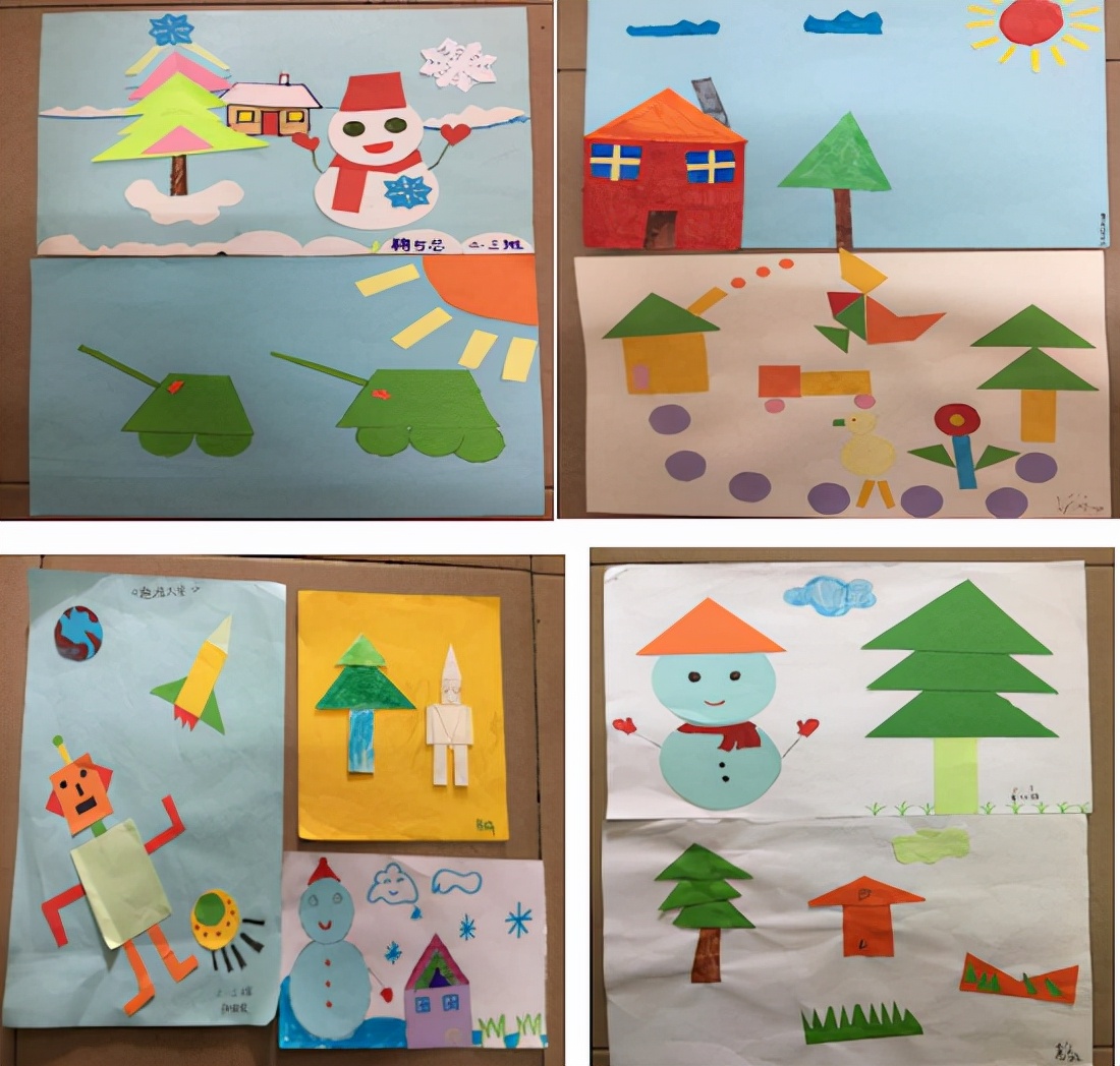 "双减政策下潍城区青年路小学寒假数学作业实践_生活中数学应用小报_图形拼图手工小报一年级数学活动